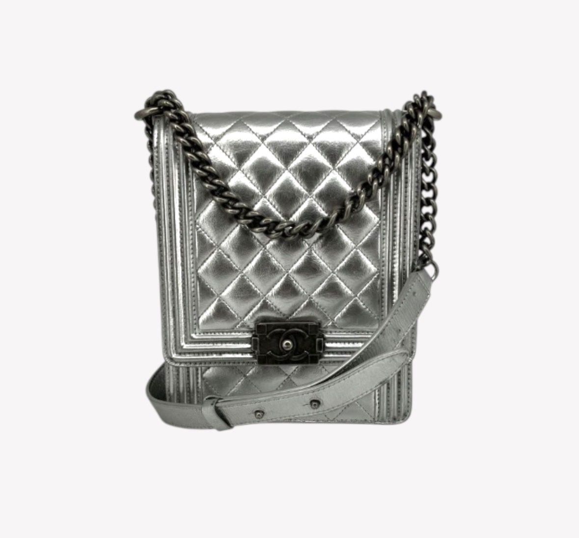 Chanel silver quilted goat north south cross
