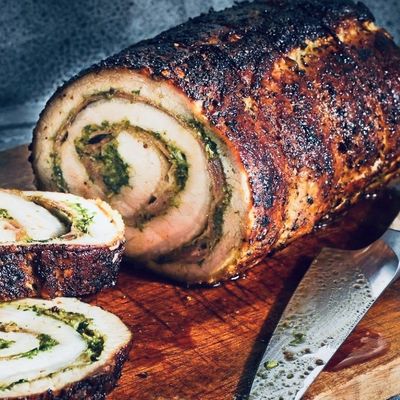 Roasted Rolled Pork Loin with Pesto &amp; Prosciutto