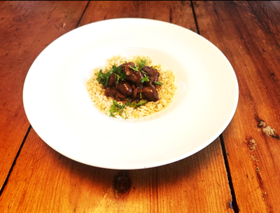 Chicken Hearts with Red Wine Mole Sauce and Basmati Rice
