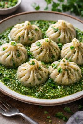 Momo Dumpling alla Bolognese with Salsa Verde and Korean Spicy Cucumber Salad