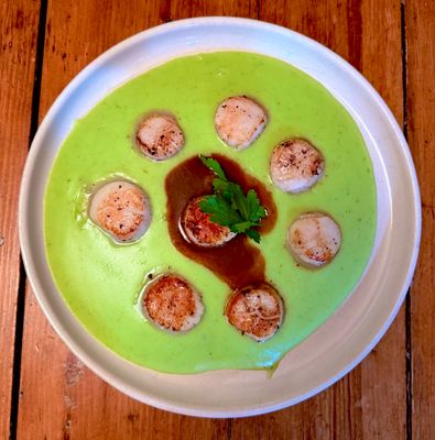 Seared Sea Scallops with Wild Garlic Mashed Potatoes, Duck Demi-Glace