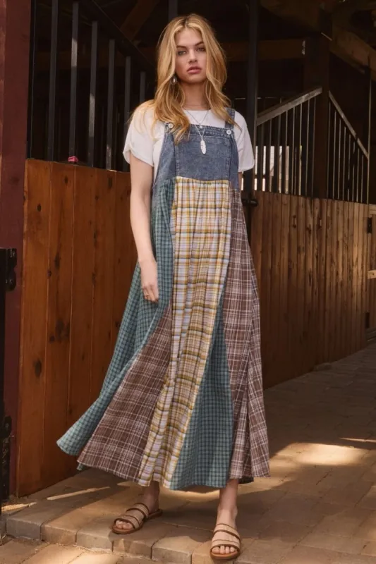 Color Mixed Plaid Overall Maxi Dress - Denim Combo L