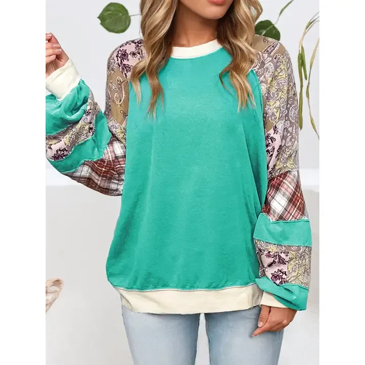 LDC Plaid Vintage Paisley Patchwork Long Sleeve Raglan Top - Aruba Blue S