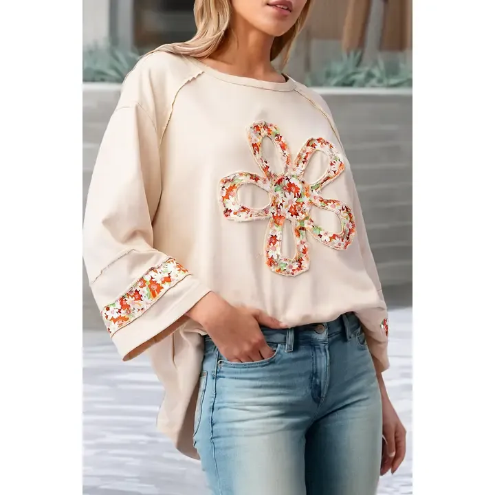 LDC  Flower Patch Graphic Exposed Seam Wide Sleeve Loose Top - Beige Plus-3X
