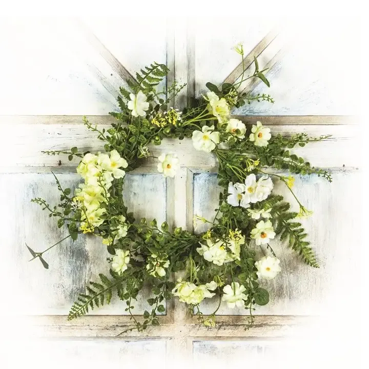 Large Light Yellow Flower Candle Ring With Greenery, 6.5 In