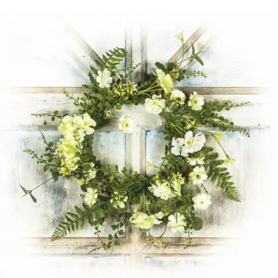Large Light Yellow Flower Candle Ring With Greenery, 6.5 In