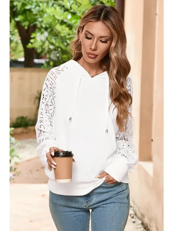LDC Lace Patchwork Sleeve Drawstring Hoodie - White M