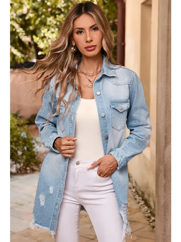 LDC Light Wash Distressed Frayed Long Denim Jacket - Beau Blue L