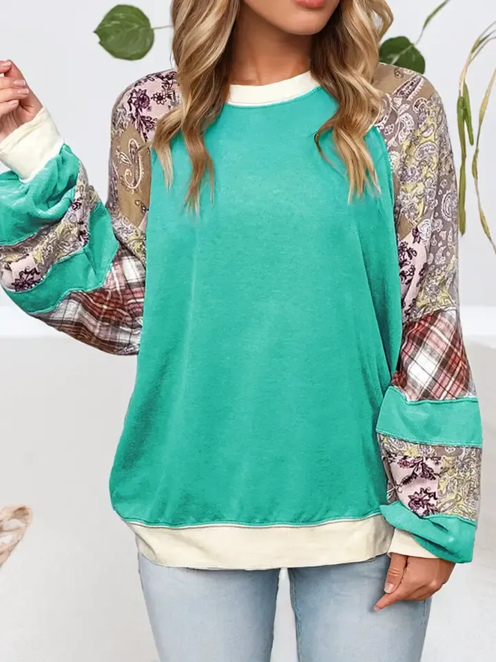 LDC Plaid Vintage Paisley Patchwork Long Sleeve Raglan Top - Aruba Blue M