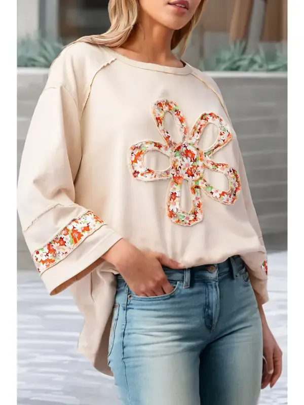 LDC  Flower Patch Graphic Exposed Seam Wide Sleeve Loose Top - Beige M