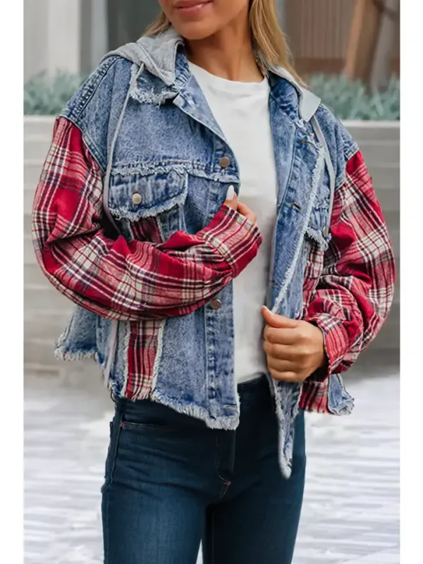 LDC Plaid Print Patchwork Hooded Raw Hem Denim Jacket - Beau Blue L