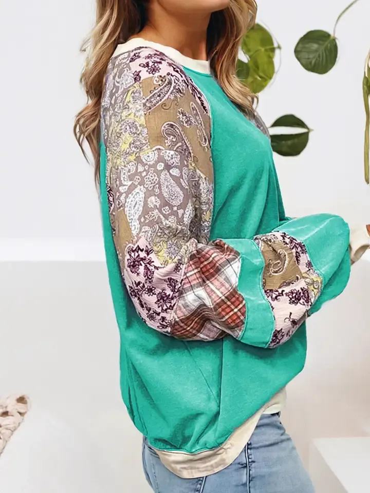 LDC Plaid Vintage Paisley Patchwork Long Sleeve Raglan Top - Aruba Blue XL