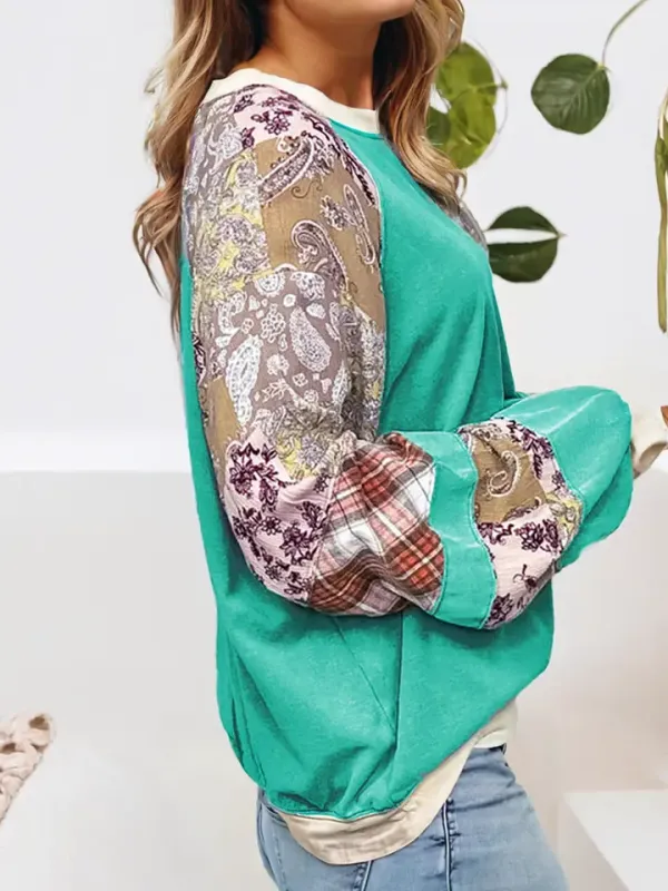 LDC Plaid Vintage Paisley Patchwork Long Sleeve Raglan Top - Aruba Blue XL