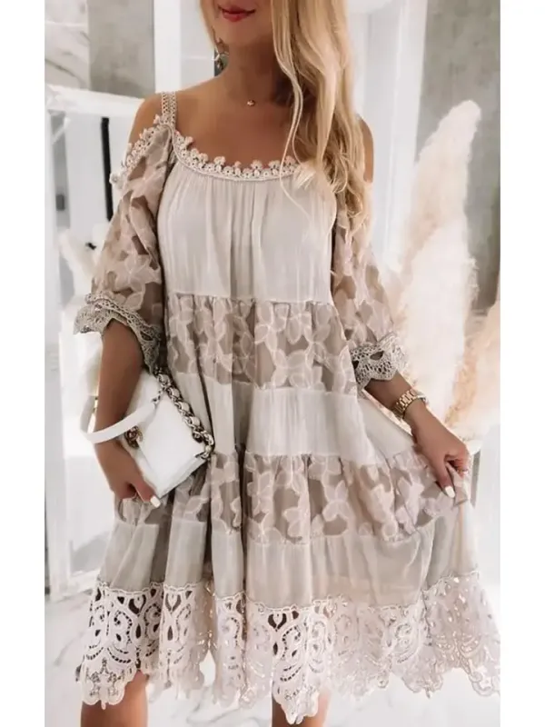 Italian Beige Lace Open Shoulder Cotton Blend Dress - One Size fits S-L