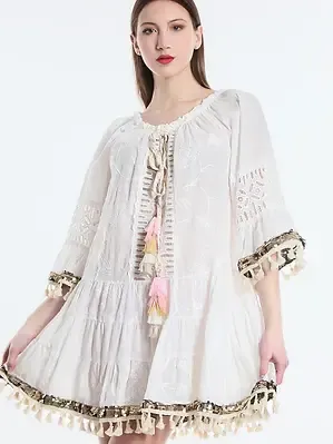 Crochet Cotton Dress - White - One Size fits S-XL