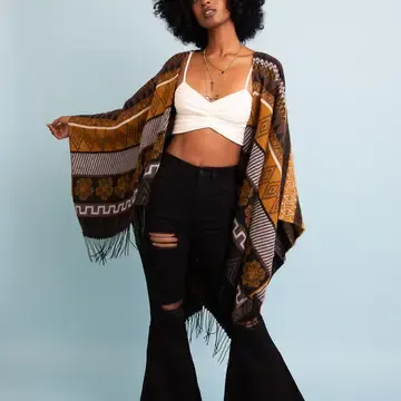 Boho Aztec Tassel Ruana - Mustard