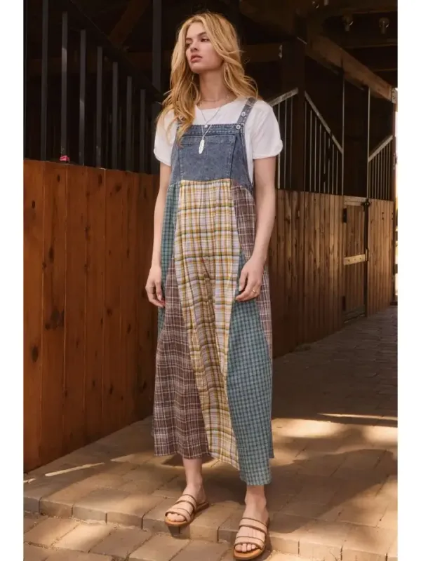 Color Mixed Plaid Overall Maxi Dress - Denim Combo S