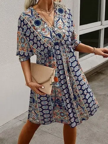 Boho Vneck Swing Dress - NAVY S