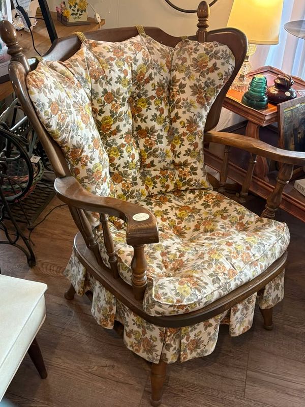 Vintage maple spring rocker with cane seat &amp; fabric cushions