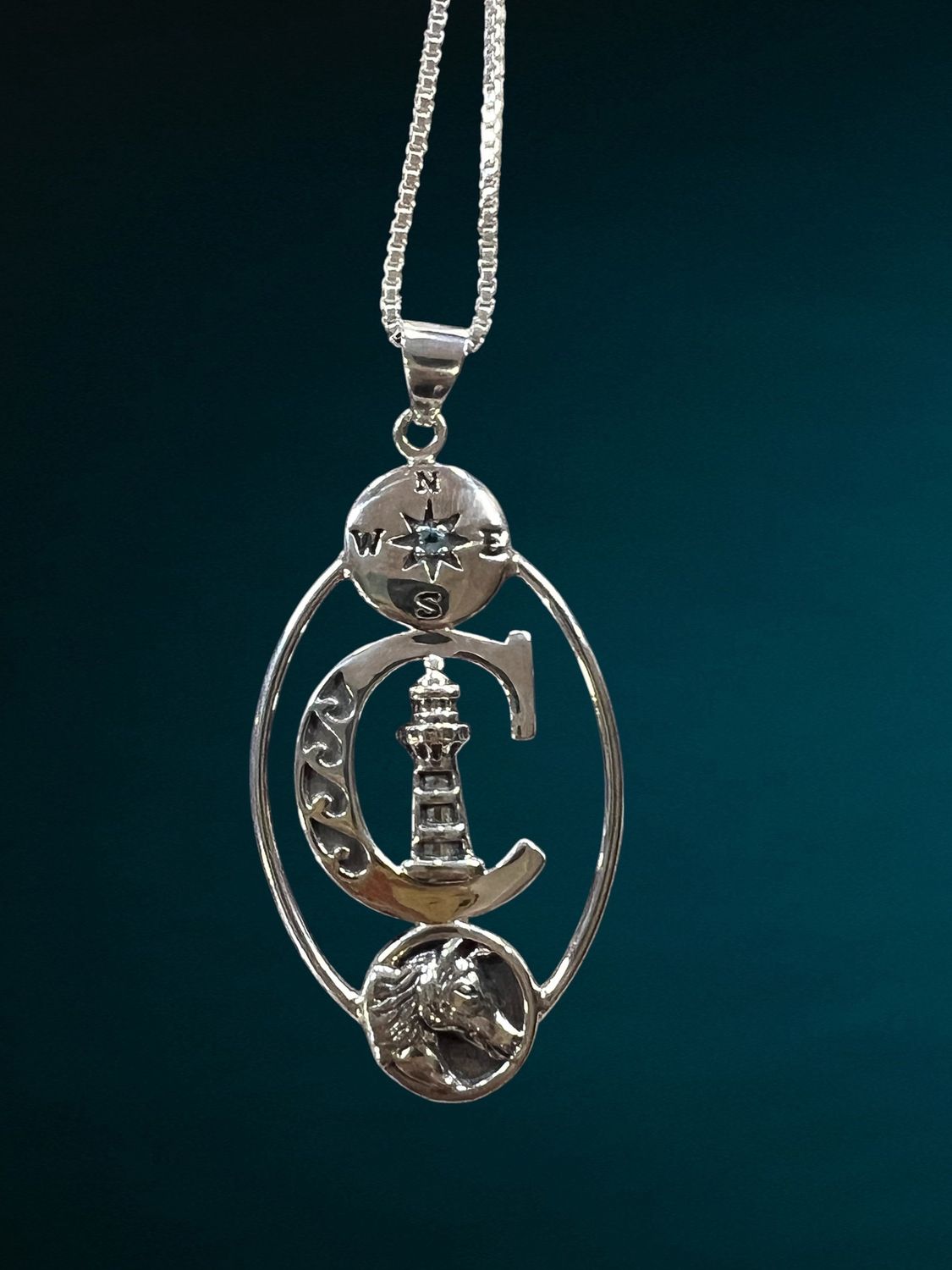 Chincoteague Island CI Lighthouse, Pony &amp; Compass Pendant
