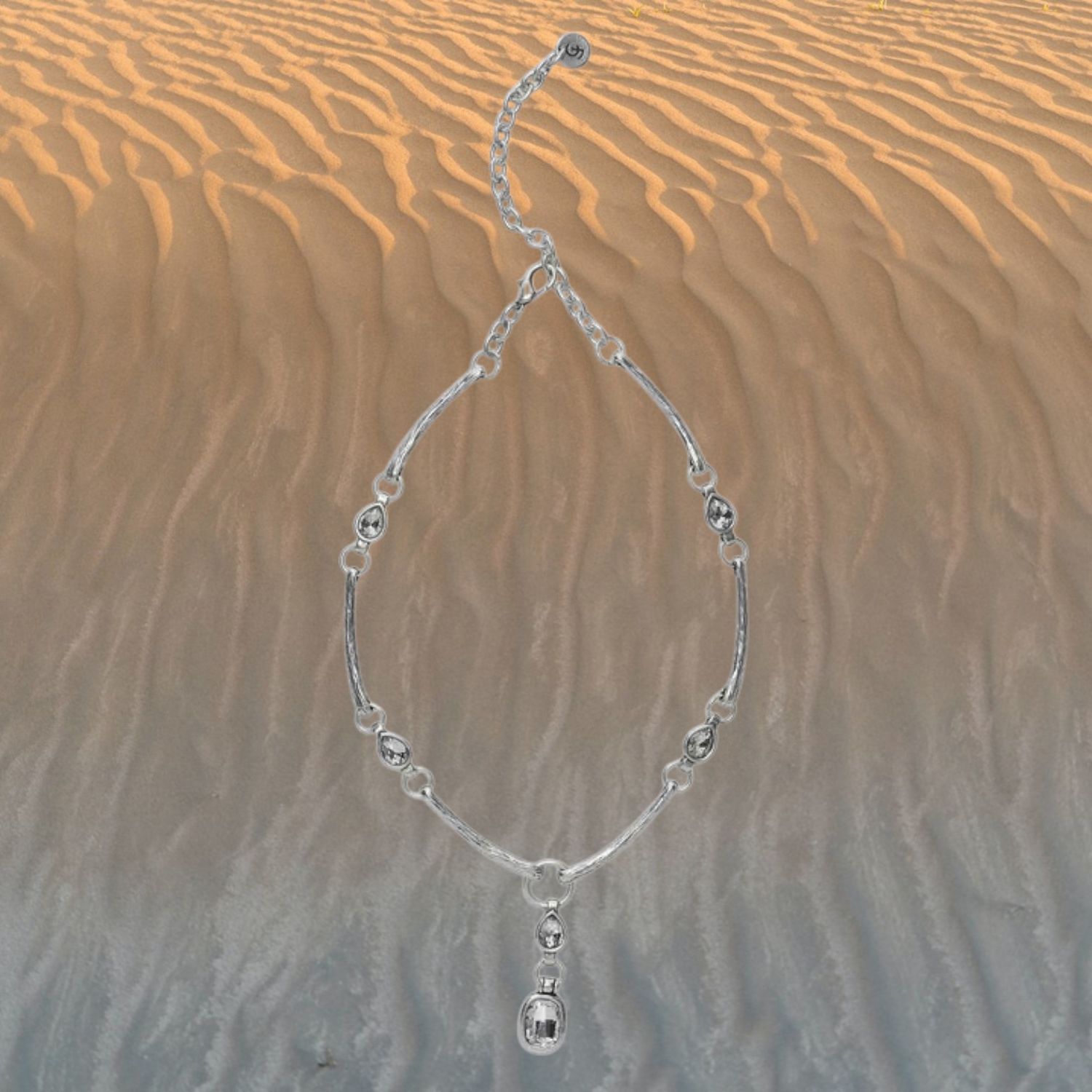 Crystal Drop &amp; Bar Pewter Necklace