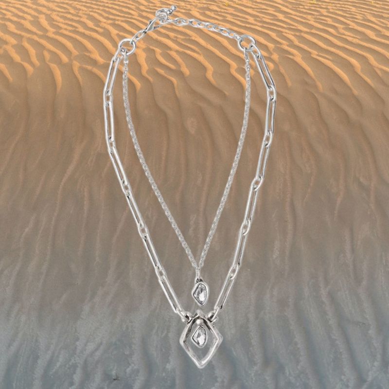 Crystal Double Chain Pewter Necklace