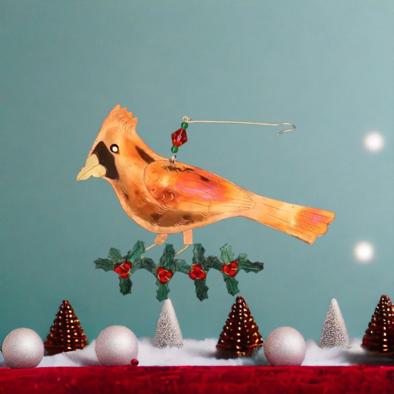 Holly Cardinal Metal Ornament