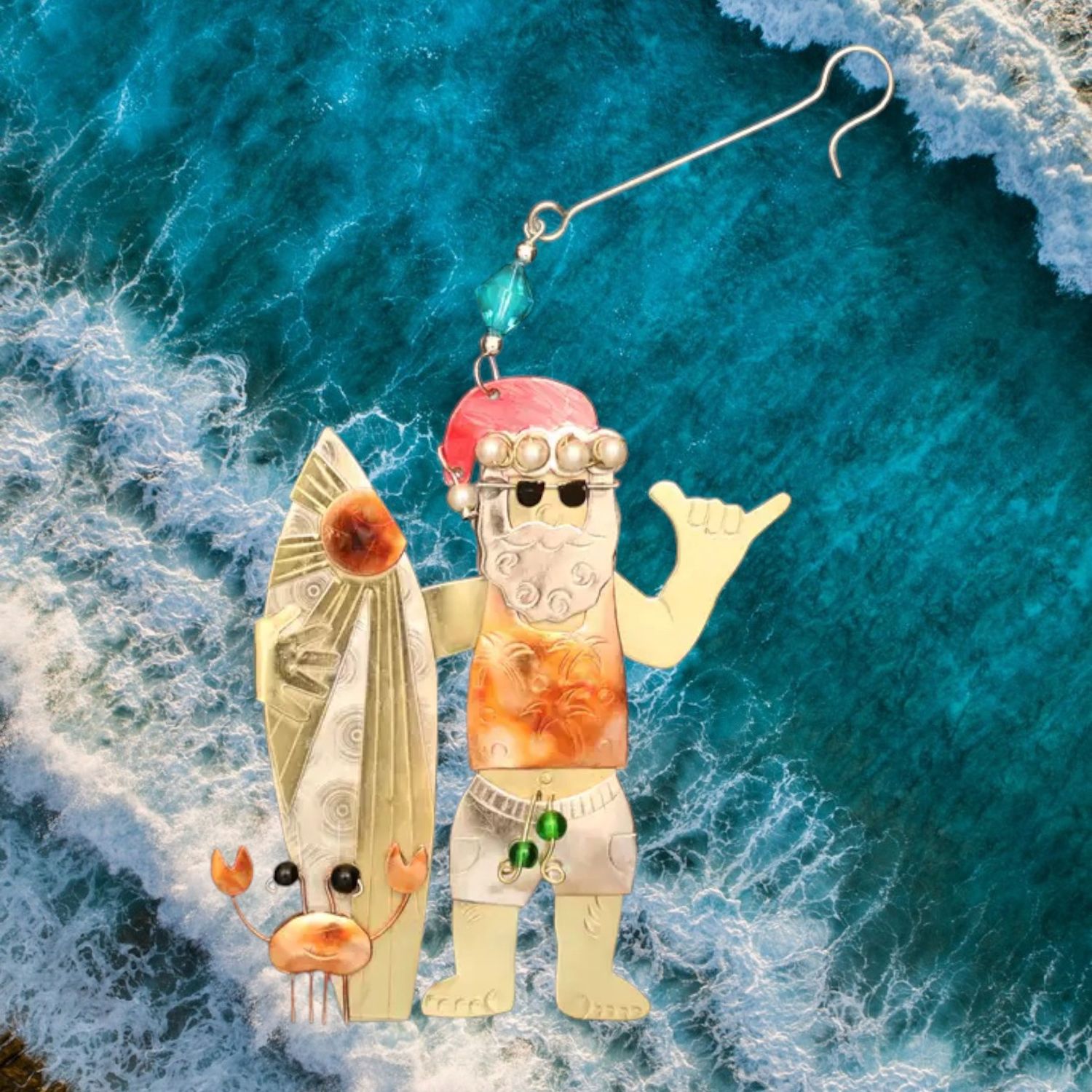 Surfing Santa Metal Ornament