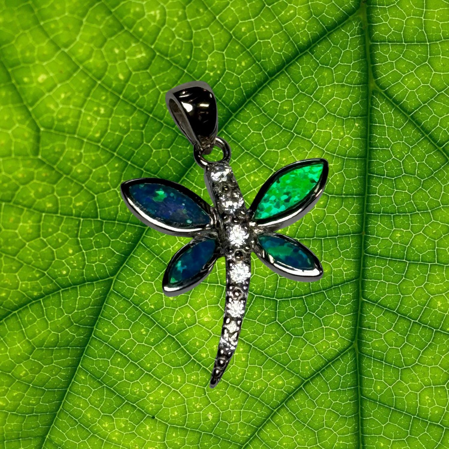 Blue Fire Opal &amp; CZ Dragonfly Pendant