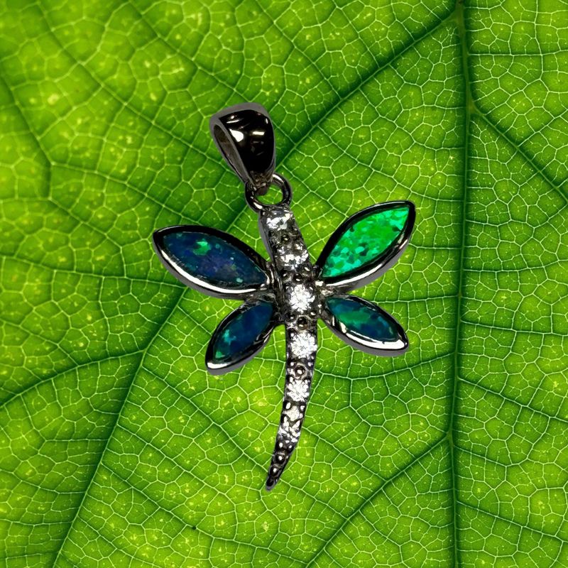 Blue Fire Opal &amp; CZ Dragonfly Pendant