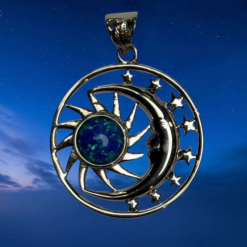 Blue Fire Opal Sun &amp; Moon Pendant