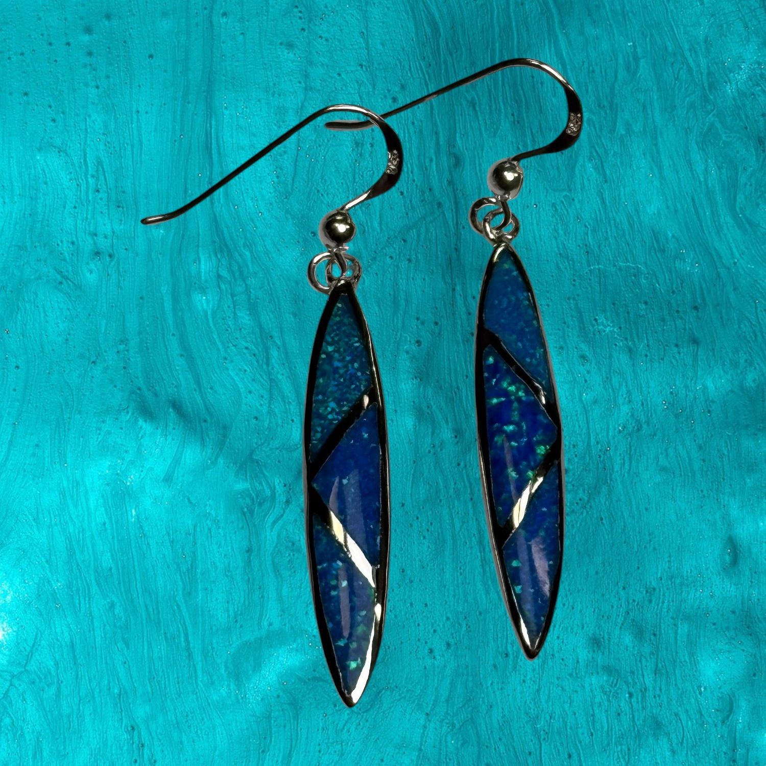 Blue Fire Opal Long Drop Earrings