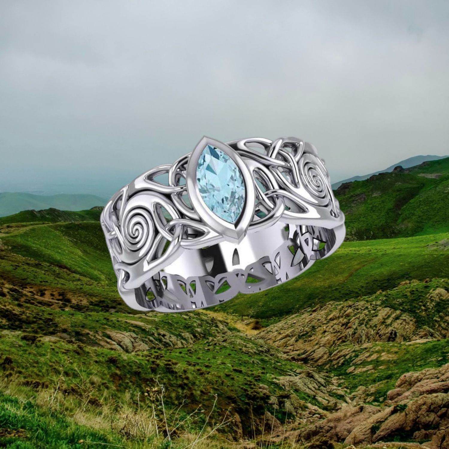Celtic Sterling Band Ring Blue Topaz