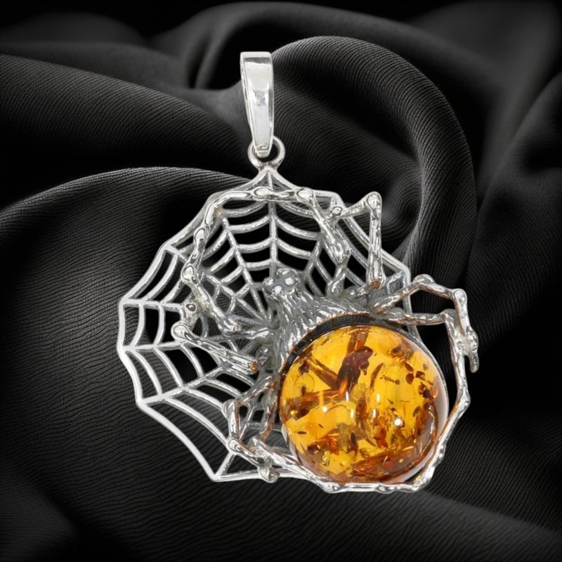 Amber Spider Web Sterling Pendant