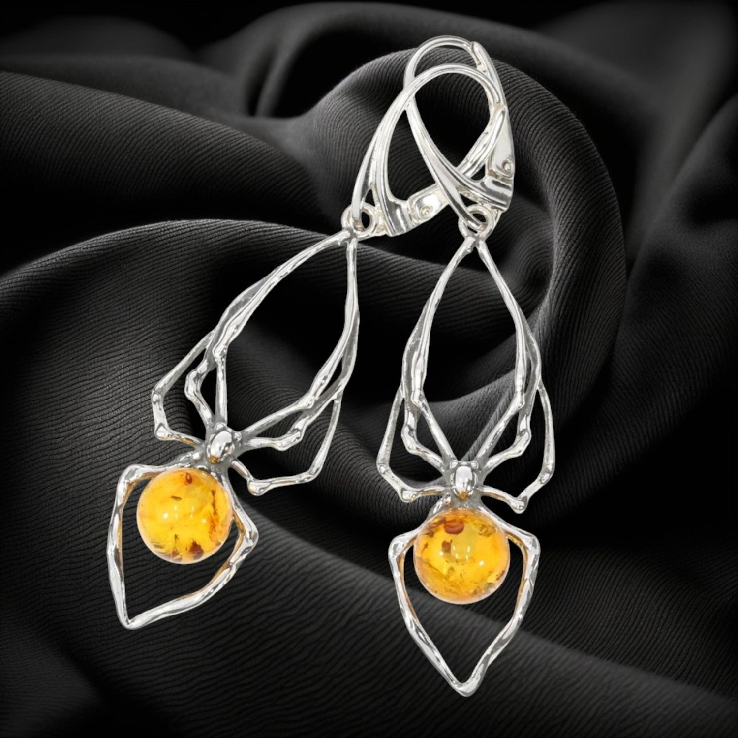 Amber Spider Sterling Earrings