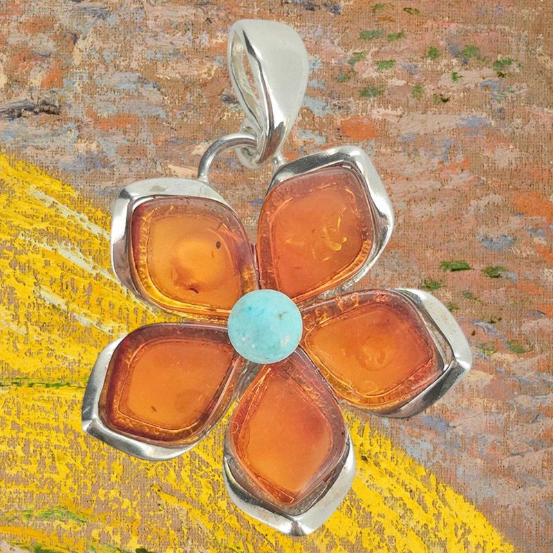 Cognac Amber &amp; Turquoise Flower Pendant