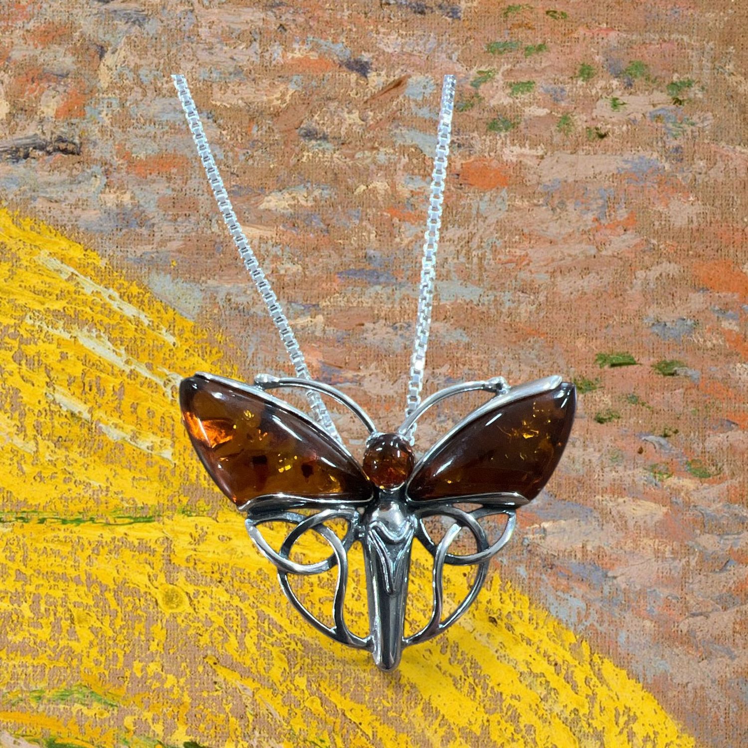 Cognac Amber Celtic Butterfly Silver Pendant