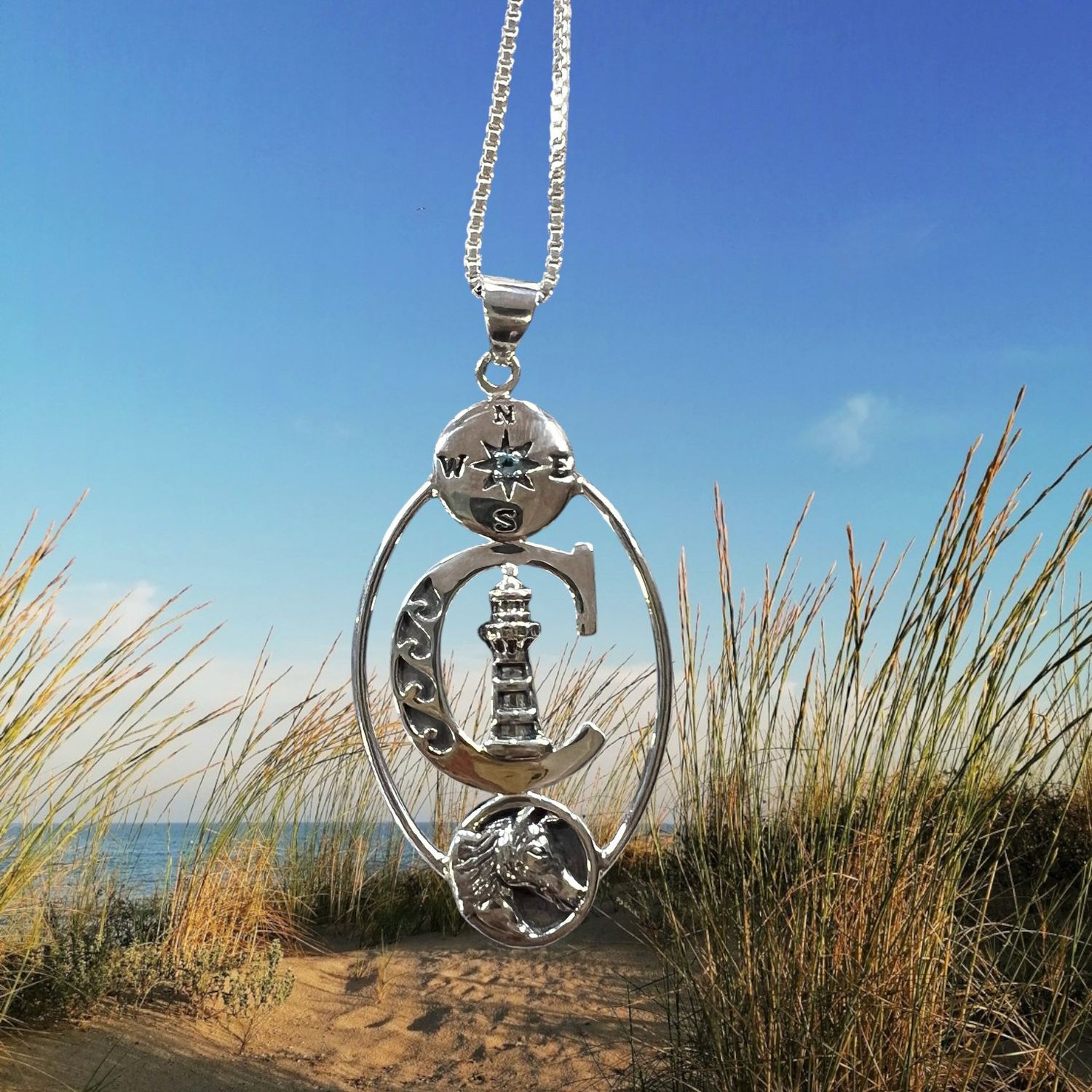 Chincoteague Island CI Lighthouse, Pony &amp; Compass Pendant