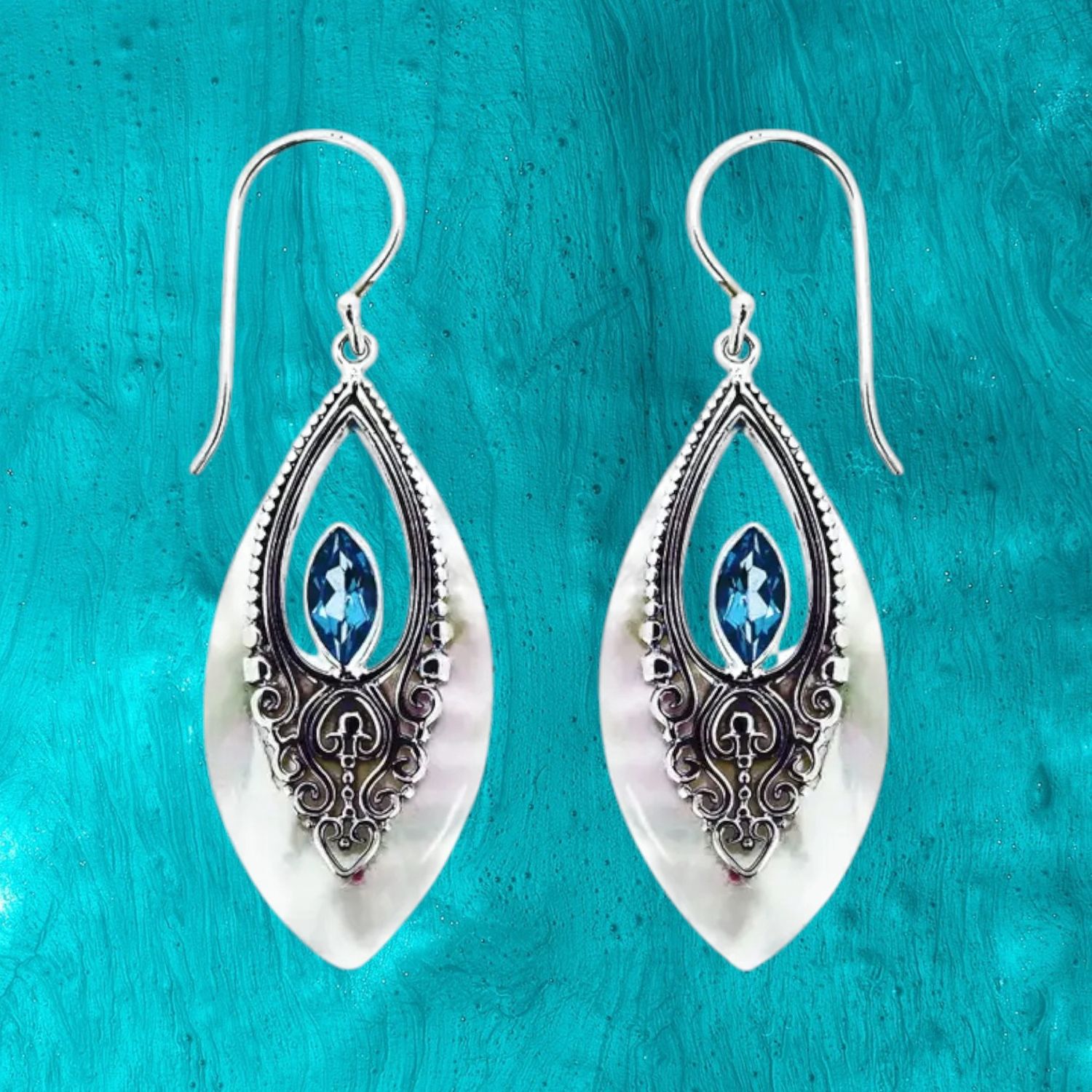 MoP &amp; Gemstone Filigree  Earrings, gemstone: Blue Topaz