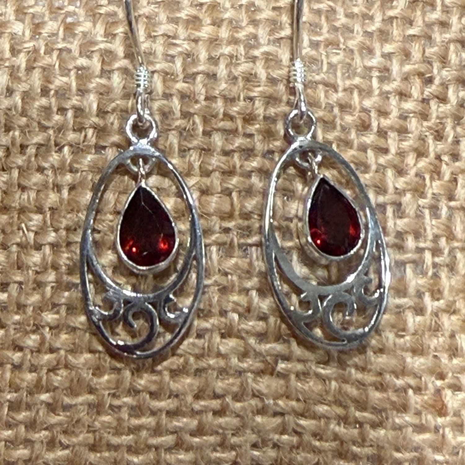 Garnet Oval Swirl Sterling Earrings