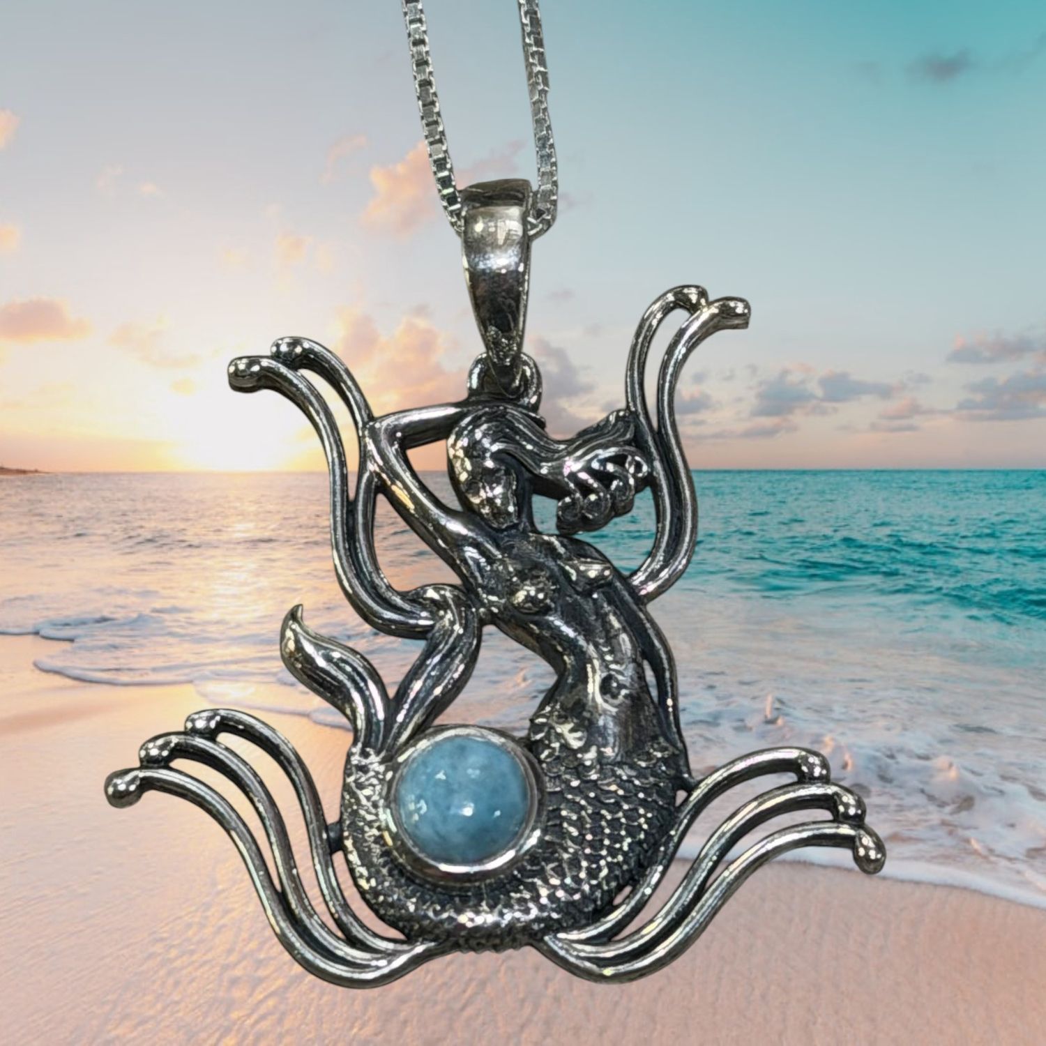 Larimar Mermaid in Waves Pendant
