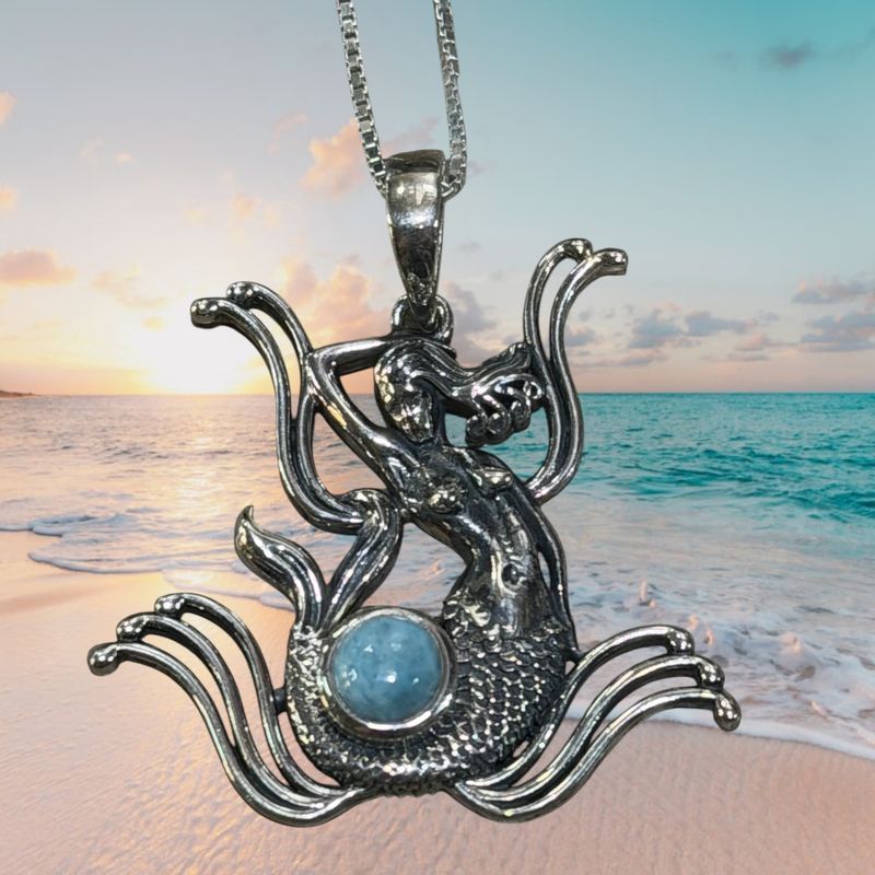 Larimar Mermaid in Waves Pendant