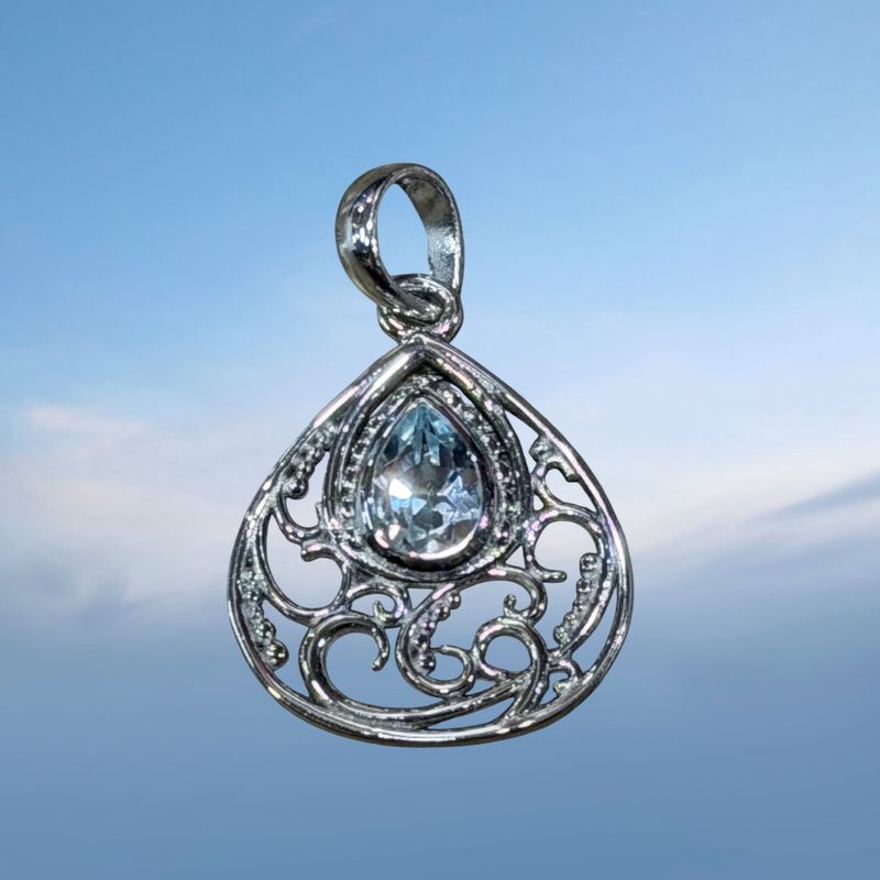 Blue Topaz Filigree Teardrop Pendant
