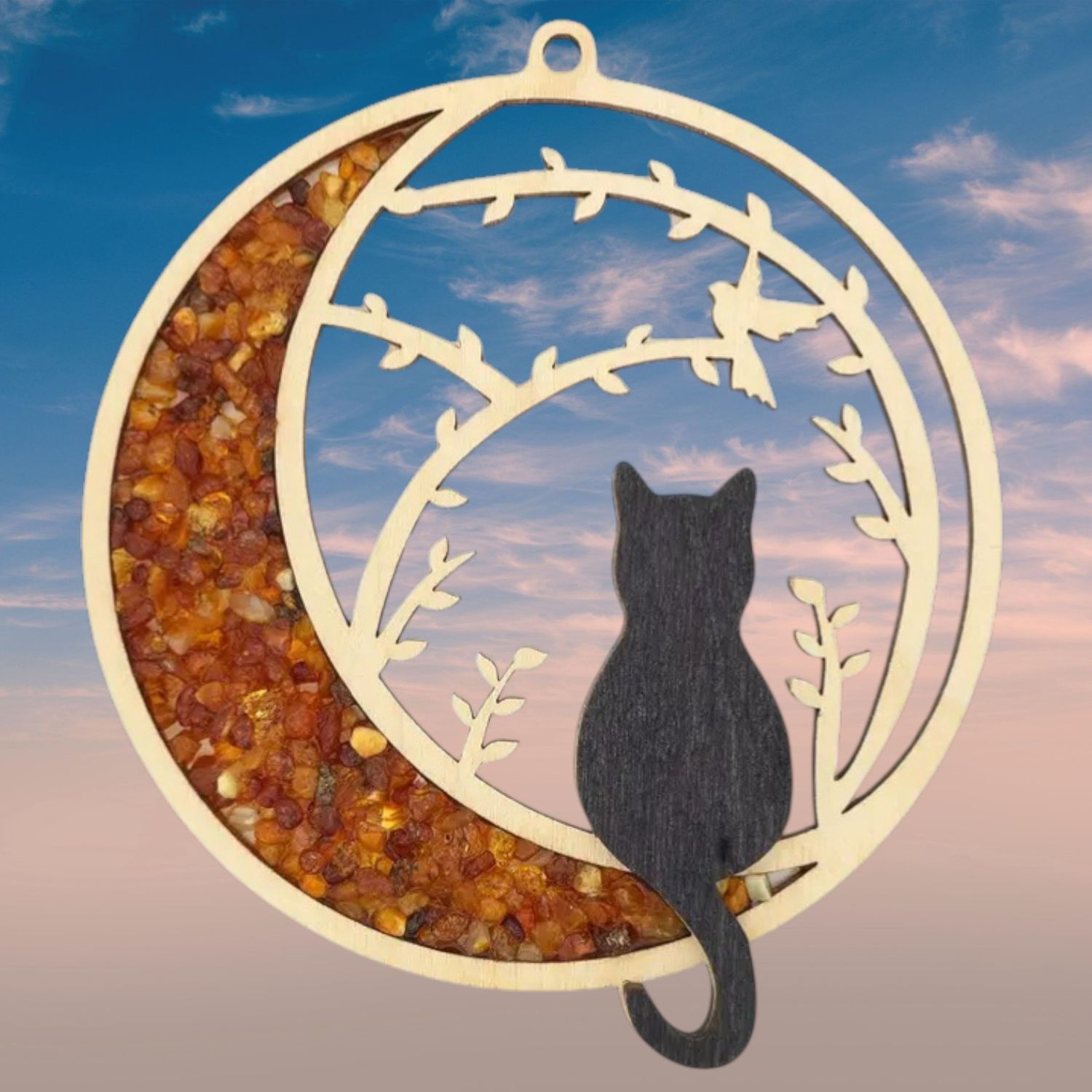Amber Black Cat on Moon Suncatcher Magnet