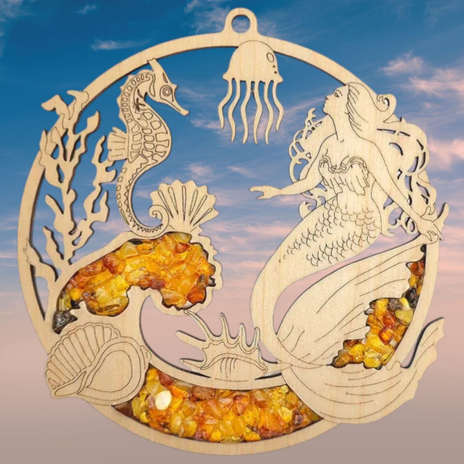 Amber Mermaid &amp; Seahorse Suncatcher