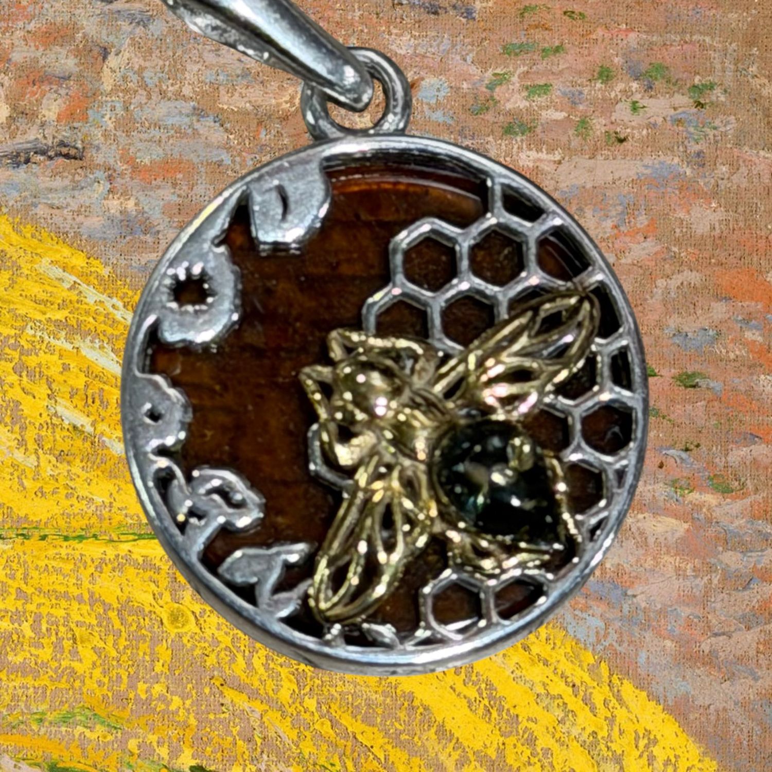 Green Amber Bee Honeycomb Pendant