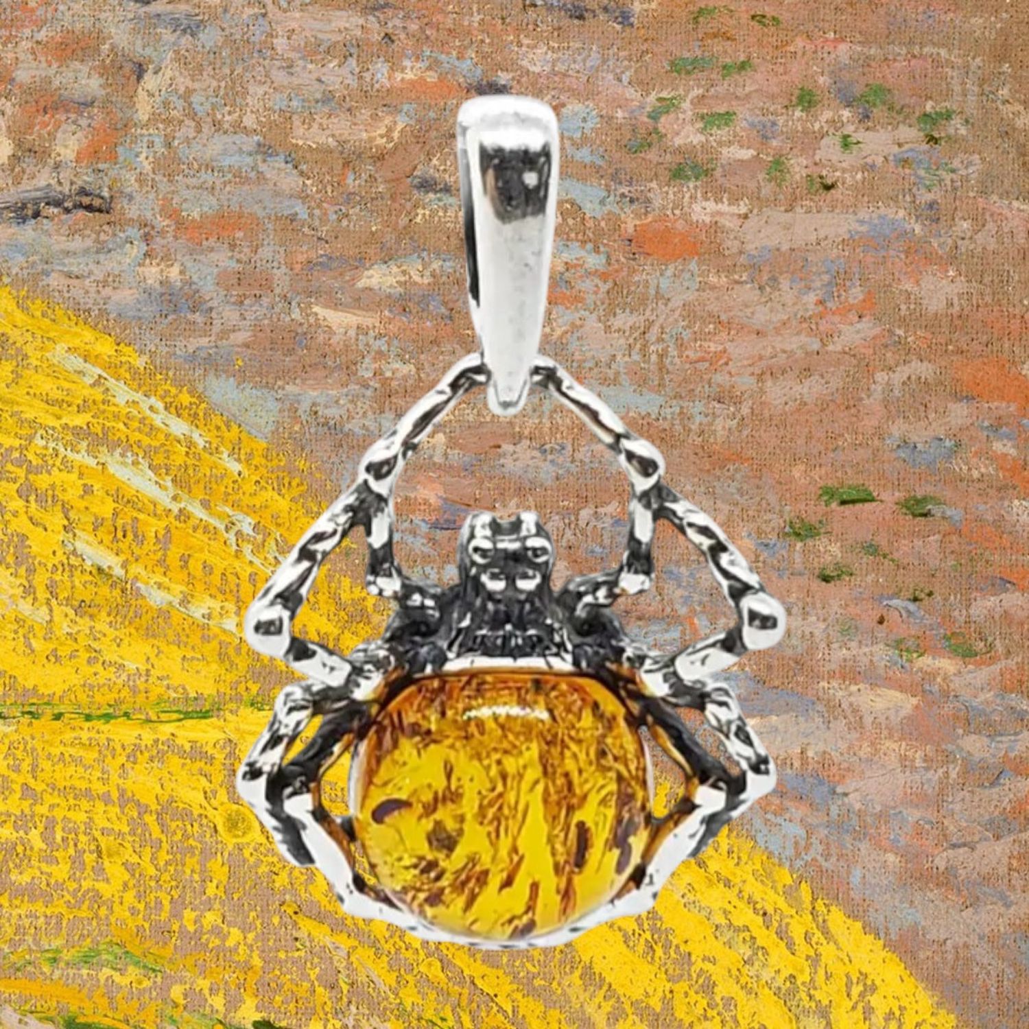 Petite Amber Spider Sterling Pendant