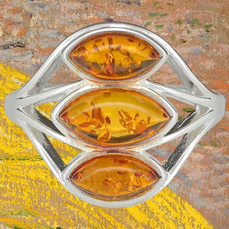 East West Amber 3 Stone Ring