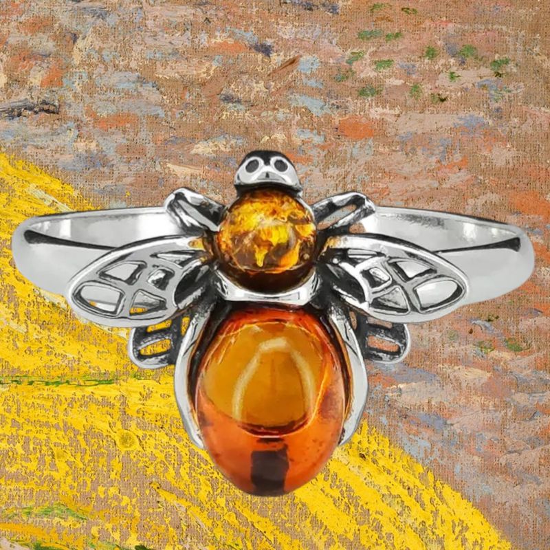 Amber Bee Sterling Silver Ring