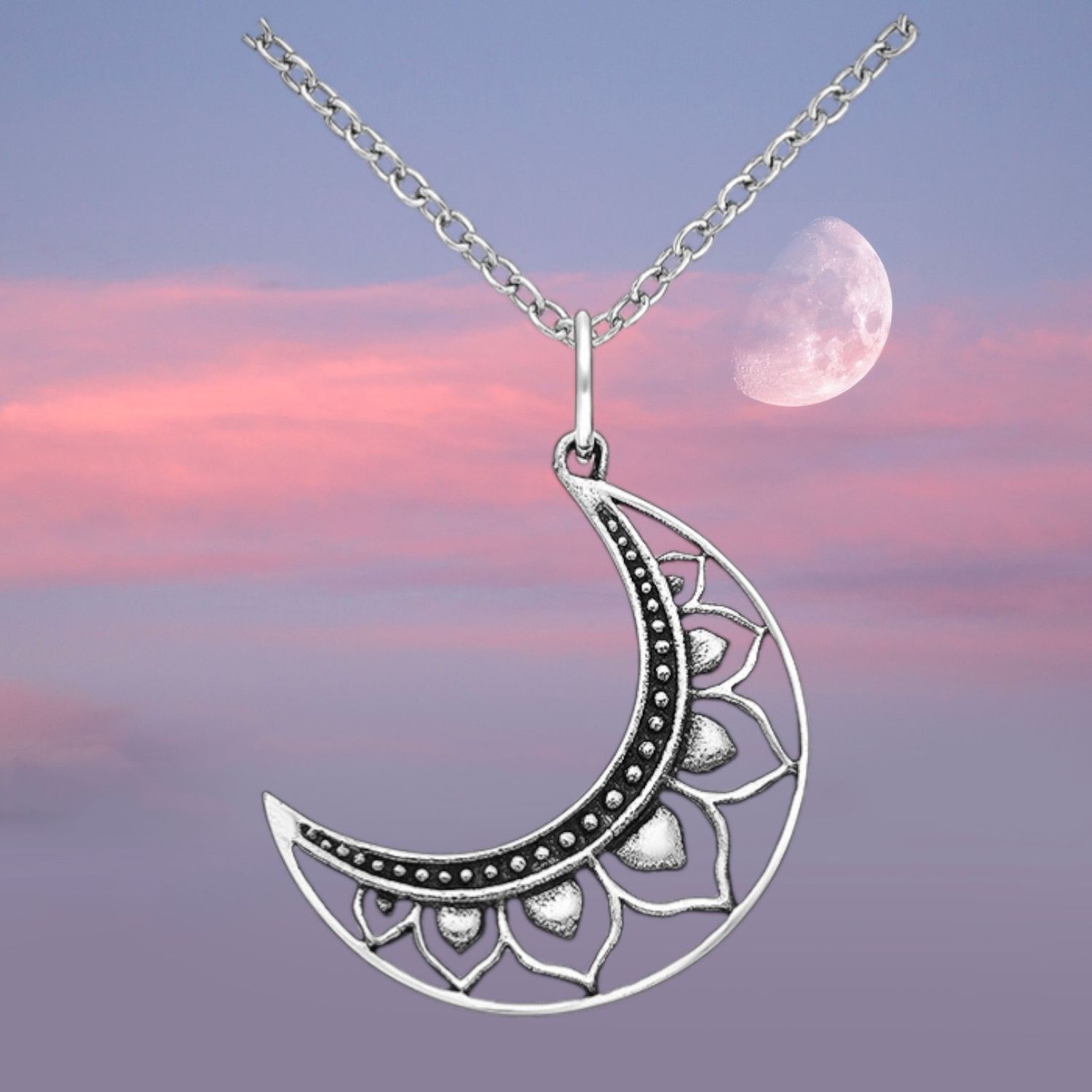 Lotus Crescent Moon Sterling Pendant